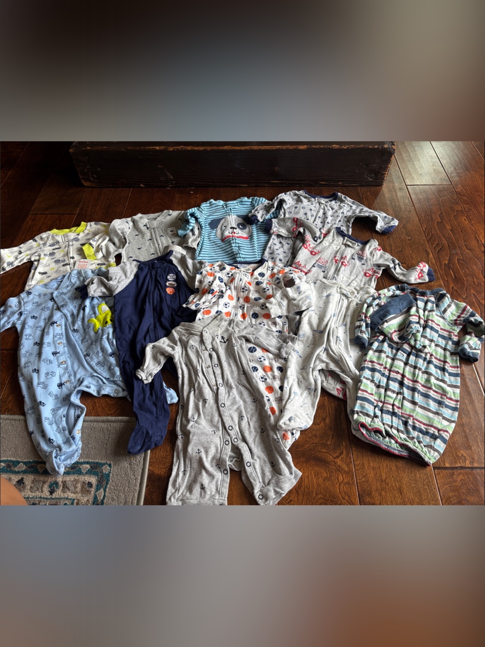 10 Mixed Baby One-Piece Sleepwear Bundle - Blue, Gray, Navy, 1 Striped sack